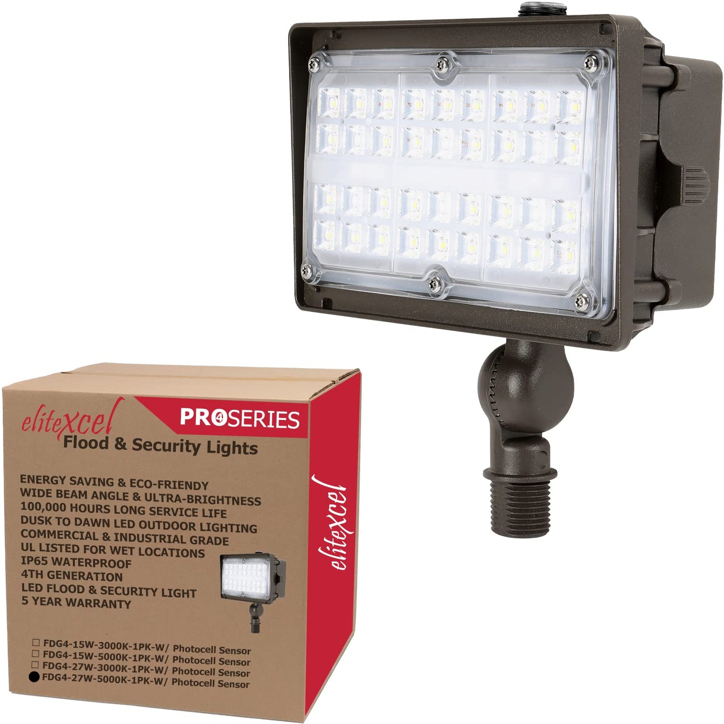 Elitexcel Dusk to Dawn Outdoor Landscape Lighting, Gen4 27W LED Flood Light, 3600LM 5000K Daylight 100W MH Equal Flag Pole Spotl