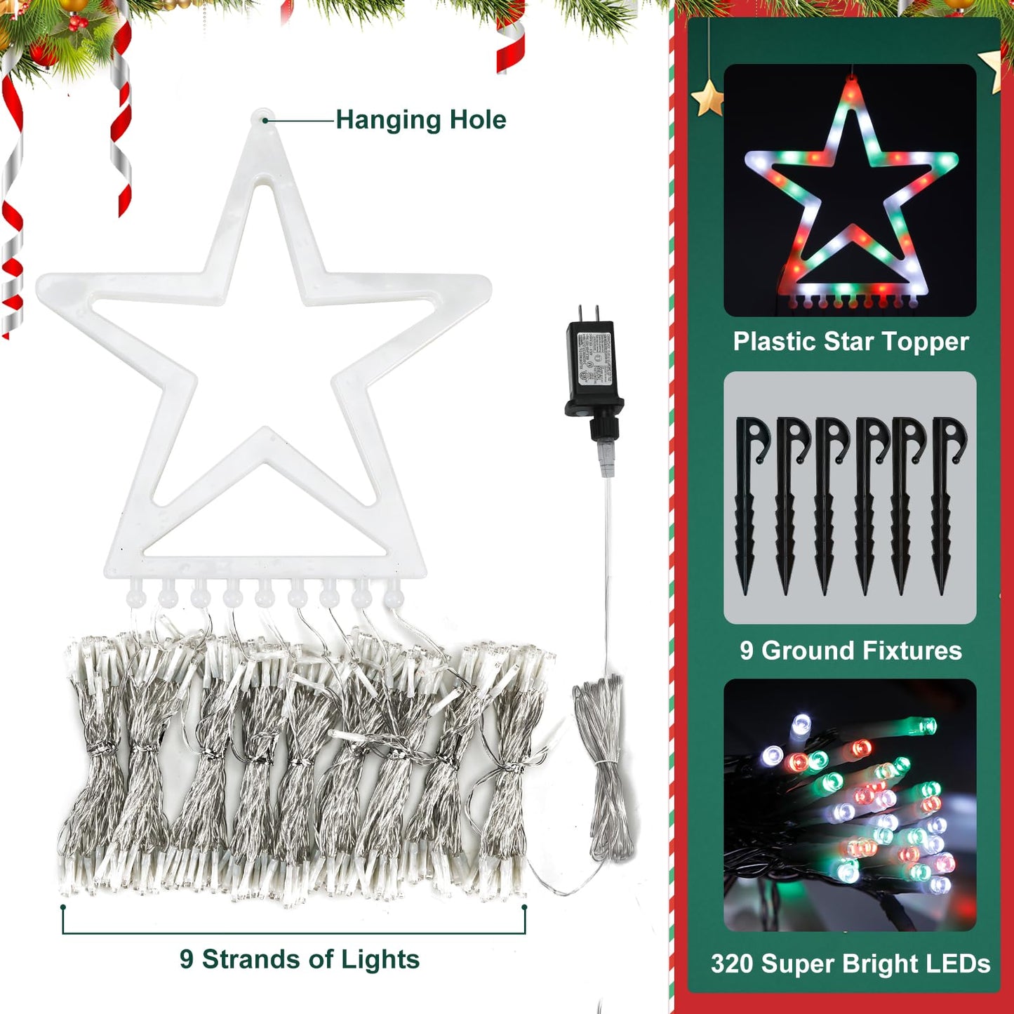 Cerflyer Outdoor Christmas Decorations String Lights  320 Led 11.5 Ft Waterfall Tree Lights With Star Topper 8 Lighting Modes Christmas Light For Indoor Outdoor Yard Home Festival Xmas New Year Decor