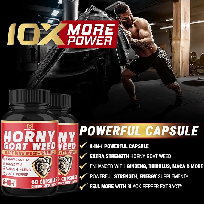 BMVINVOL (2 Packs) Horny Goat Weed Capsules with Maca, Tribulus, Ginseng. Ashwagandha,Tongkat Ali - 8-in-1 for Support Energy Levels