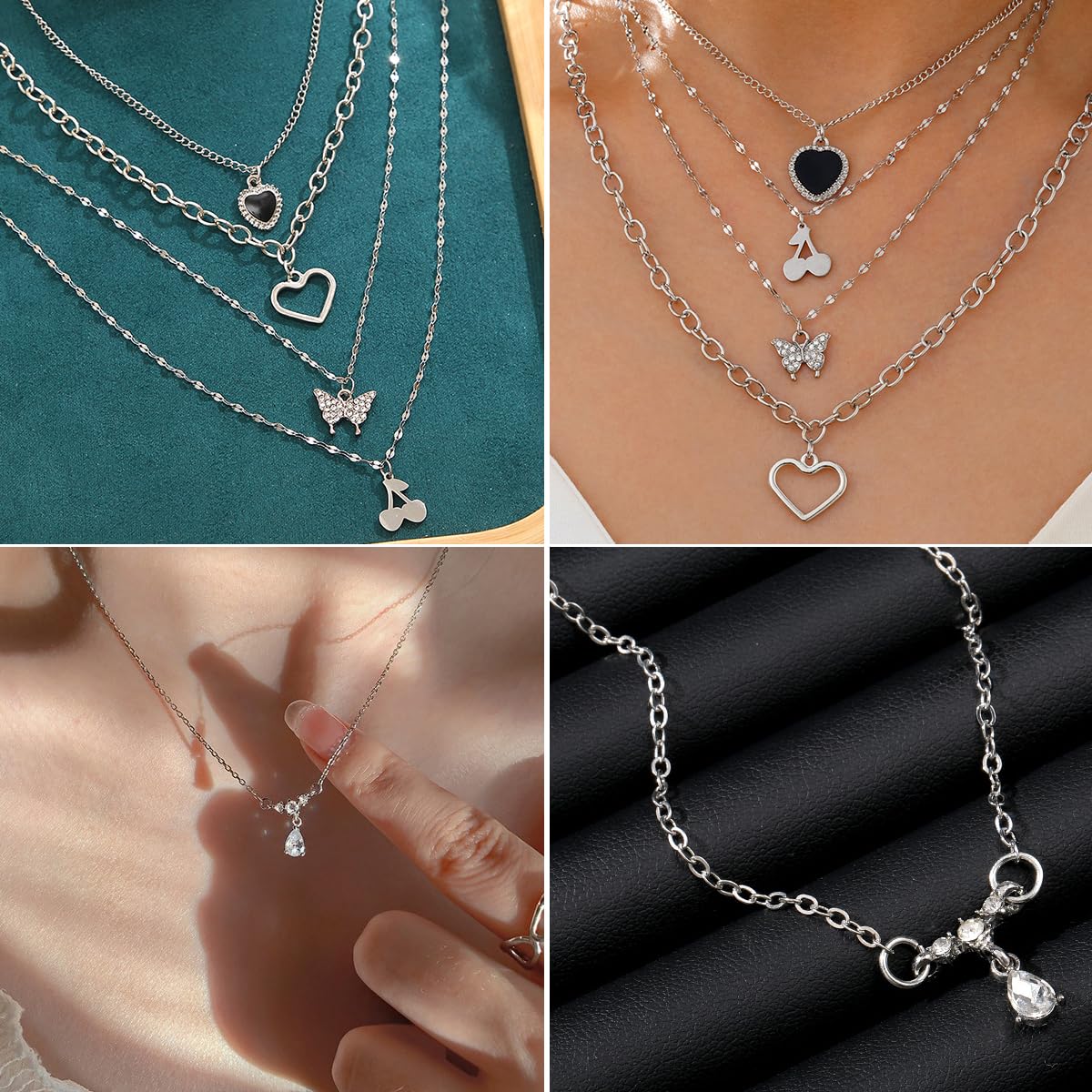 IFNODO 92 PCS Silver Plated Jewelry Set with 8 PCS Necklace, 19 PCS Bracelet, 44 PCS Stud Hoop Earring, 21 Pcs Knuckle Rings for Women Valentine Anniversary Friendship Gift