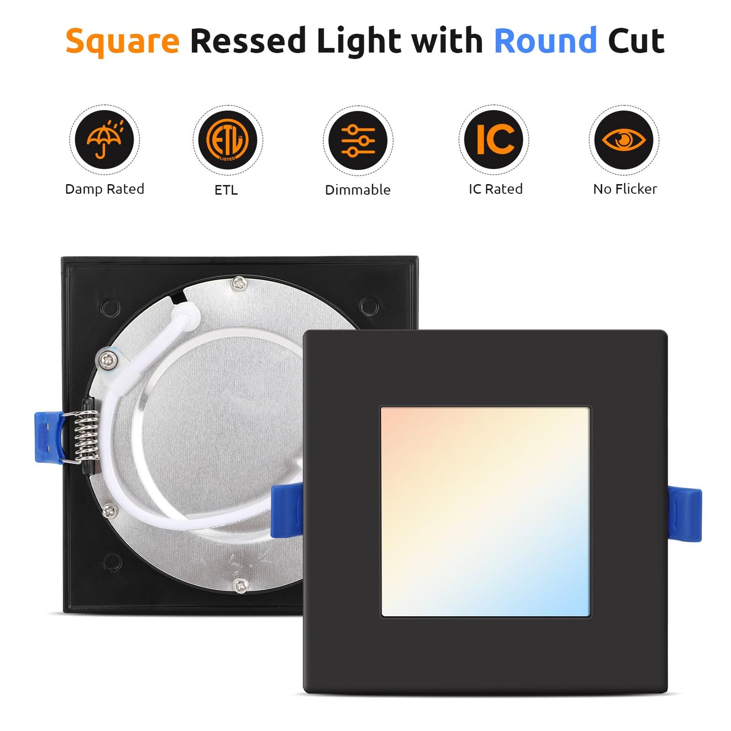 Honzin Square Led Recessed Lighting 4 Inch  5Cct Ultra Thin Led Recessed Ceiling Lights 1 Pack  Selectable 2700K/3000K/3500K/4000K/5000K  9W  Ic Rated  Dimmable Square Black Trim With Junction Box