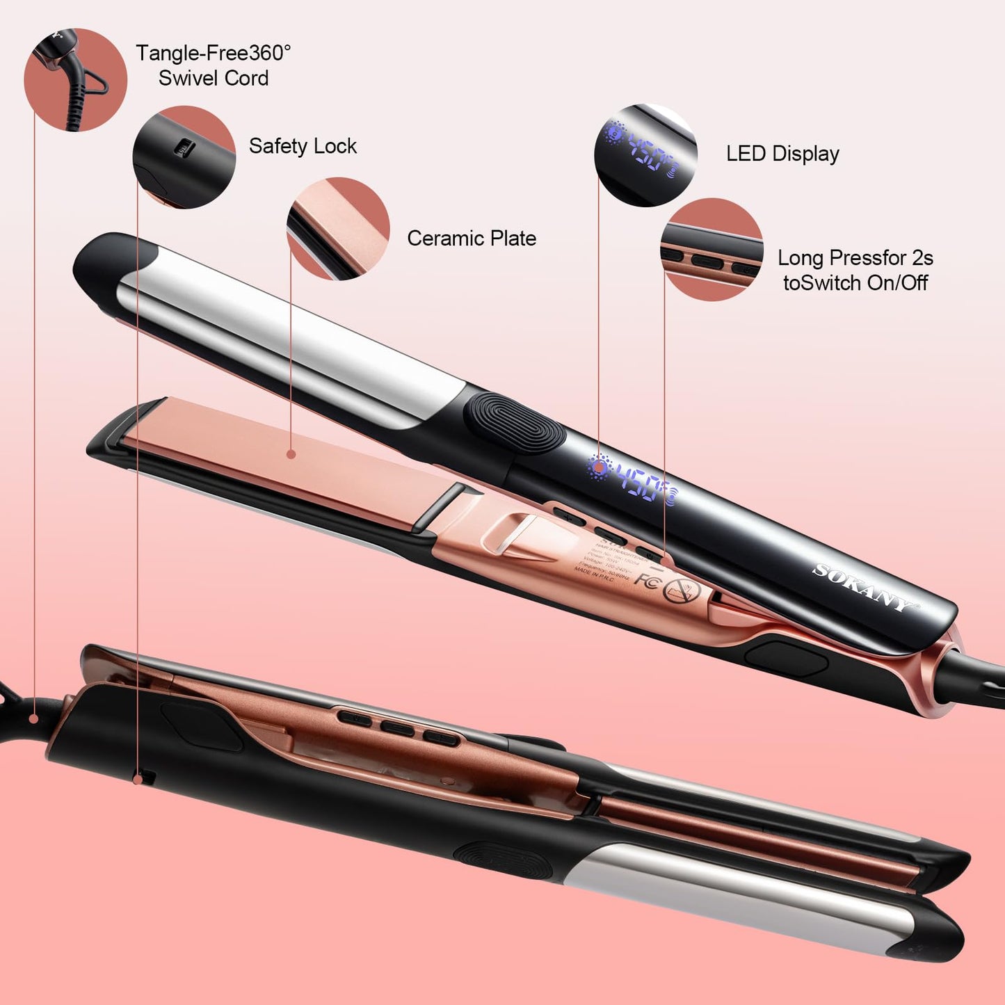 SOKANY Hair Straightener 1 Inch Ionic Flat Iron and Curler 2 in 1 | Dual Voltage Smart 3D Ceramic Floating Plates Straightener,8