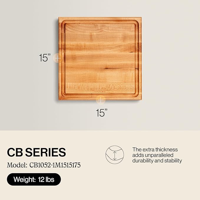 John Boos CB Series Square Wooden Maple Cutting Board 15”x15” – 1.75” Thick, 12-lb Reversible Butcher Block with Juice Groove, Edge-Grain & Finger Grips – Made in the USA