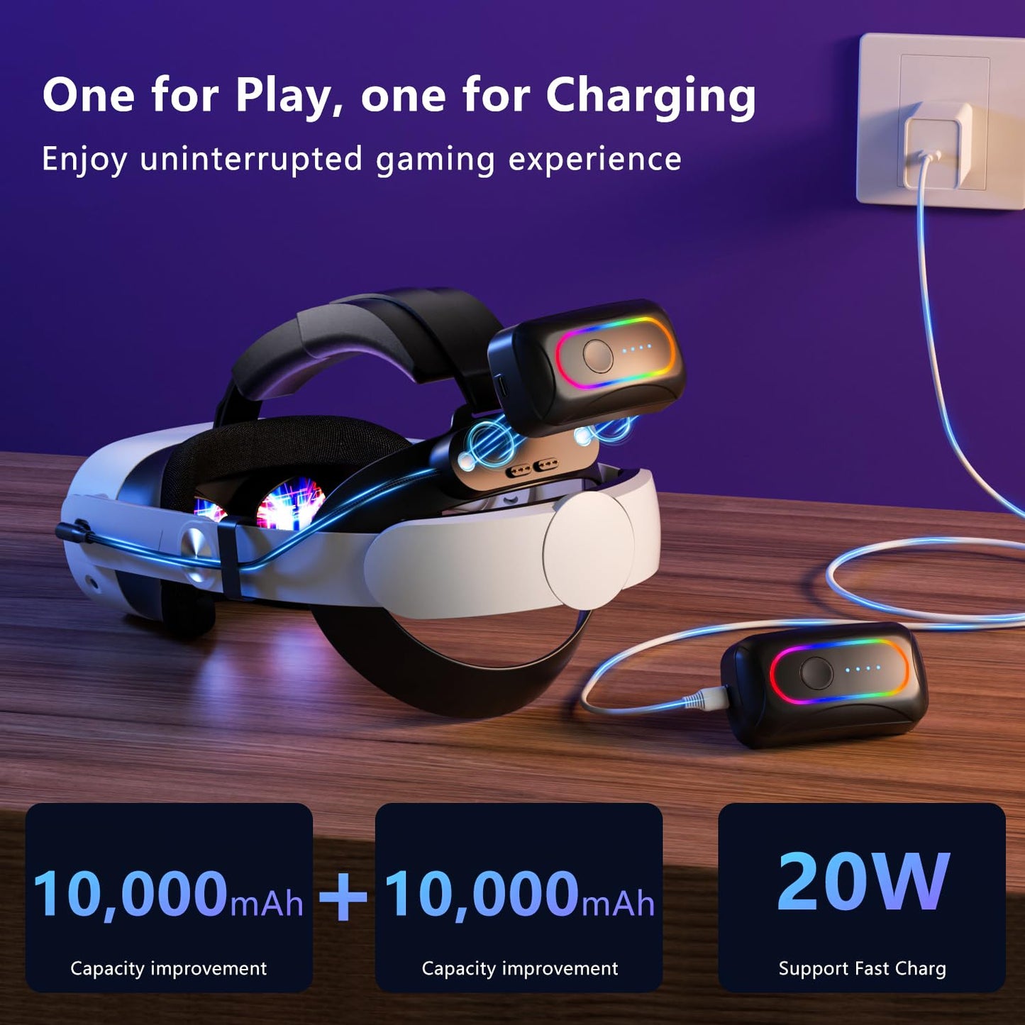 Saqico 20000mAh Dual Magnetic Battery Head Strap Compatible with Meta Oculus Quest 2/3/3S, Cool RGB Battery Pack & Easy to Replace Extend VR Playtime-Premium Comfort & Adjustable, Reduce Facial Stress