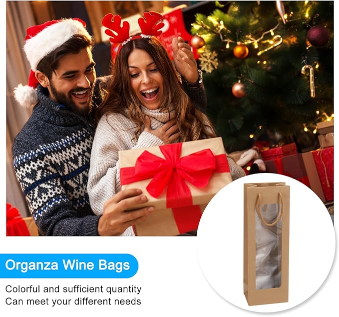 uxcell Wine Bags, 20pcs 4.92"x3.35"x14.2" Wine Gift Bags with Rope Handles, Paper Wine Tote Bag with Clear Window for Wedding Birthday Christmas Party Supplies, Wood