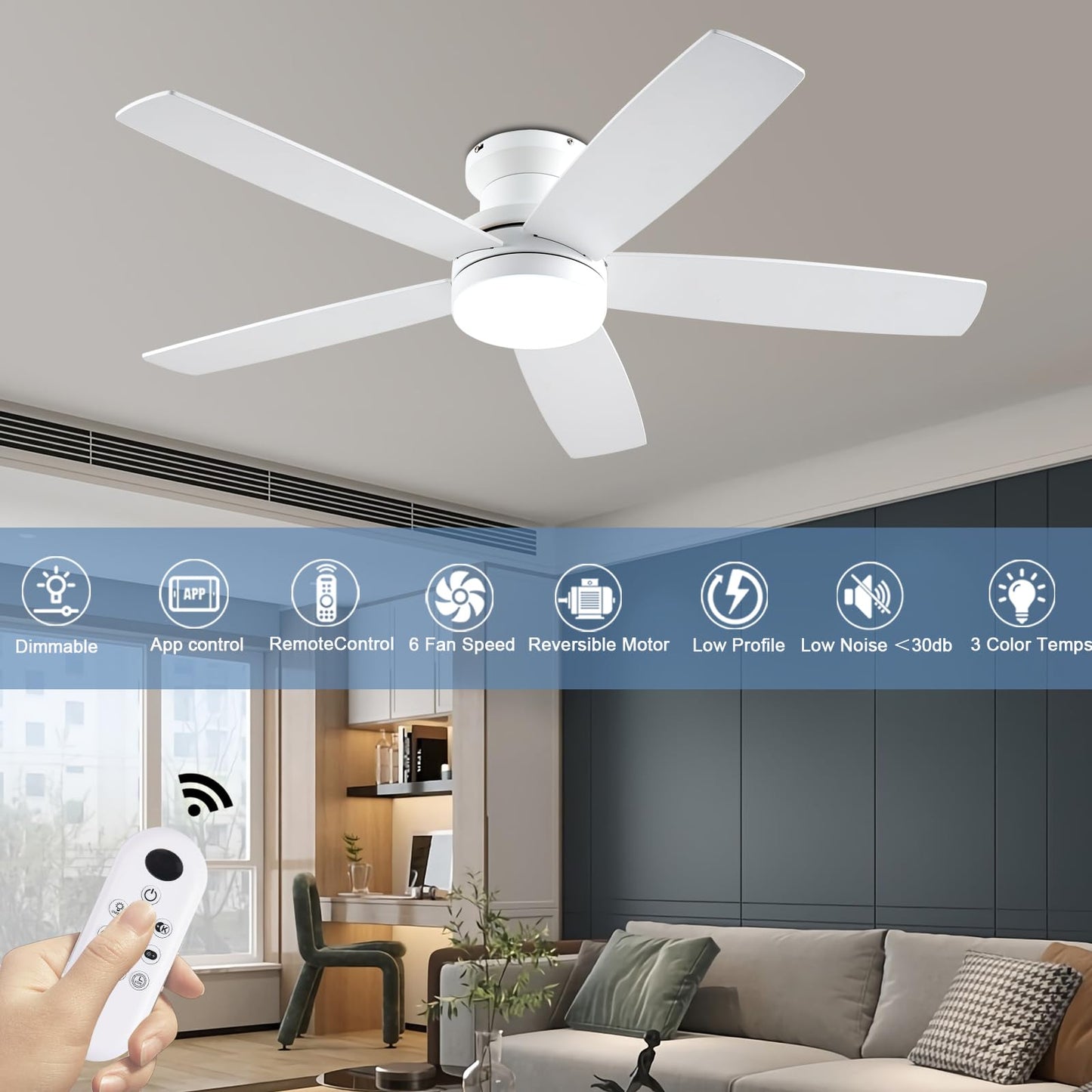 Nkpu White Ceiling Fans With Lights, 48Inch Low Profile Ceiling Fan With Light And Remote/App Control, Flush Mount, Reversible,