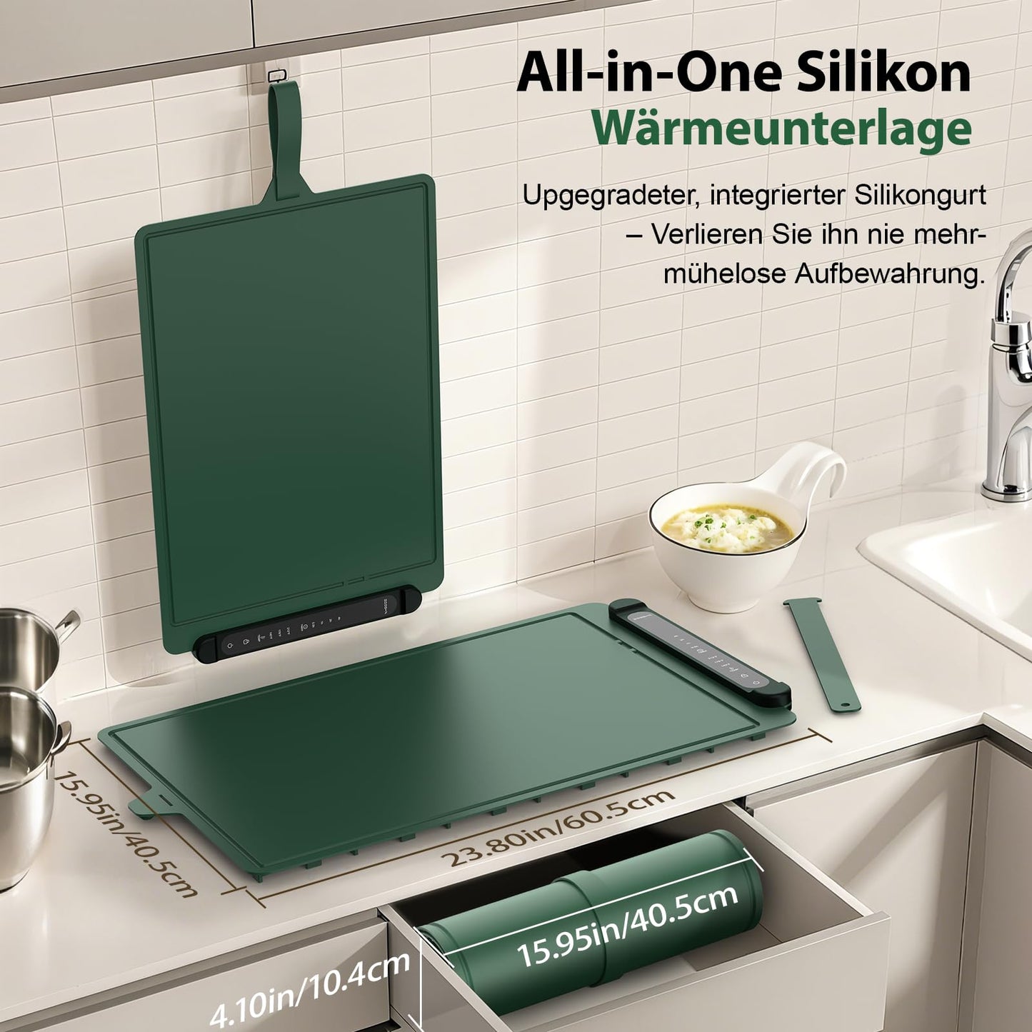 Food Warming Mat Electric Tray: Adjustable Silicone Heating Pad with 3 Temperature Settings 4 Timer Function Portable Roll Up Hot Plate for Buffets Party Gatherings Kitchen Warmer Countertop Green