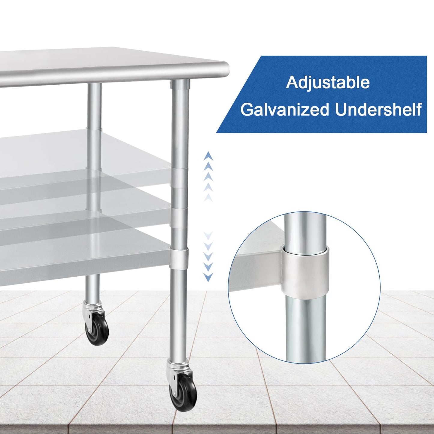HARDURA Stainless Steel Table with Wheels 30 x 60 Inches Casters NSF Heavy Duty Commercial Work & Prep Table with Undershelf and Galvanized Legs for Restaurant Kitchen Bar and Hotel Garage