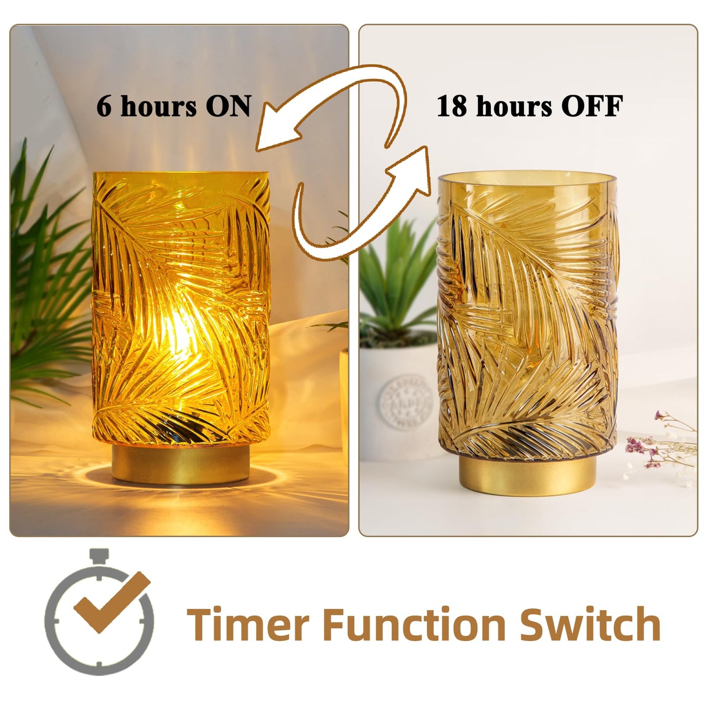 MJ PREMIER Battery Operated Table Lamp with Timer, Big Glass Nightlight, Yellow, Model 1520, Decorative for Living Room and Bedroom