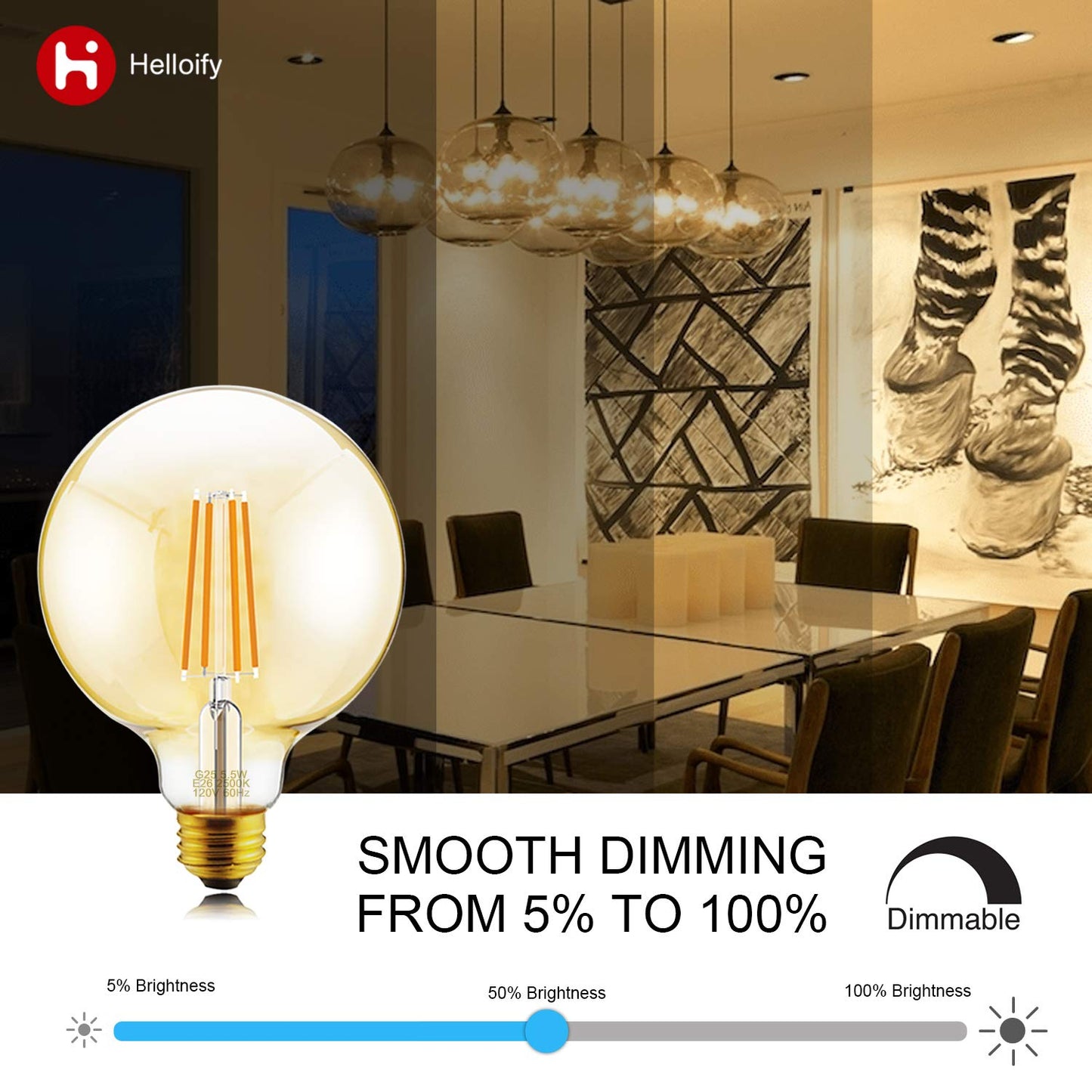 Helloify G25 Vintage LED Edison Bulb, Dimmable, Warm White 2500K, Amber, E26 Screw Base, 60W Equivalent, 4 Count