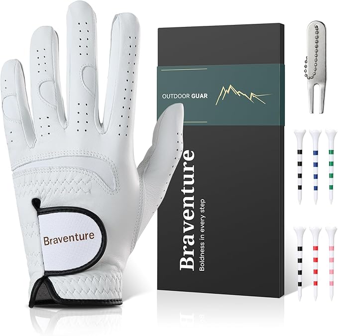 Braventure Mens Breathable Golf Glove: Cabretta Leather Golf Glove with Golf Tees, Divot Tool & Gift Box for Adult Left Hand