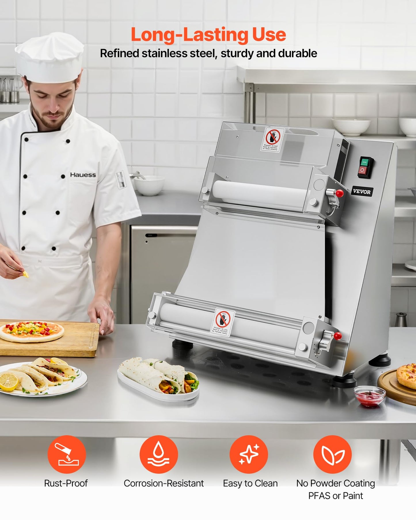 VEVOR Pizza Dough Roller Sheeter, 3-16 Inch Semi-automatic Stainless Steel Pizza Press, Commercial Electric 390W Pasta Maker Machine, 260 pcs Per Hour, Adjustable Thickness, with Dough Press Lid