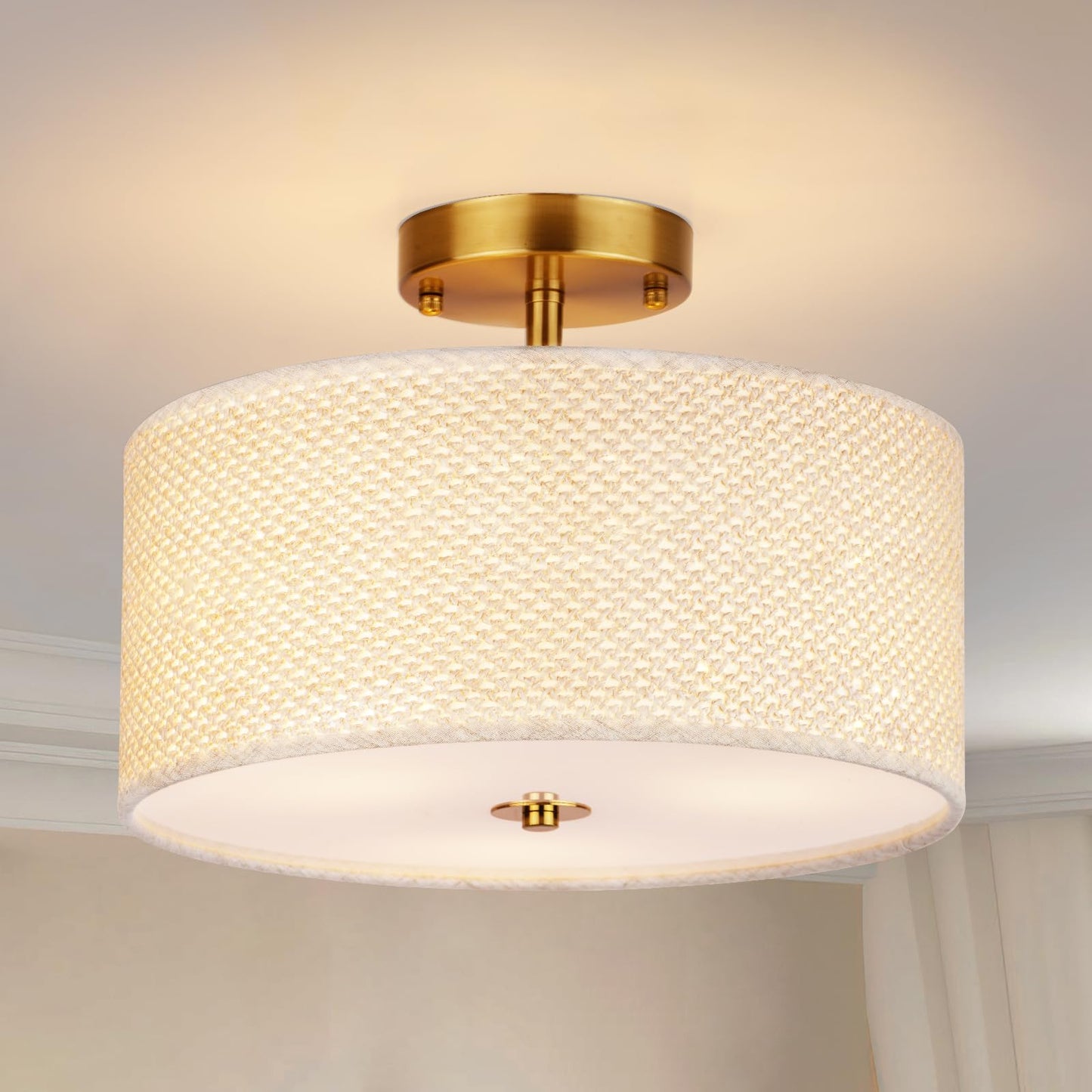 Clarsyne 13 Boho Rattan-Style Semi Flush Mount Ceiling Light Fixture  3-Light Modern Fabric Shade Drum Lamp  White Rustic Lighting For Bedroom  Kitchen  Dining Room  Living Room  Hallway  Entryway