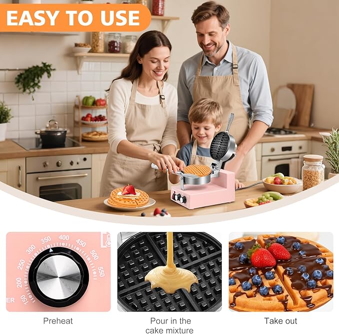Commercial Waffle Maker for Restaurant, 110V Electric Waffle Maker w/Non-stick and 122–572°F Adjustable Temp, 1200W Profession Waffle Iron with Timer and Heavy Duty, Hotel Waffle Machine