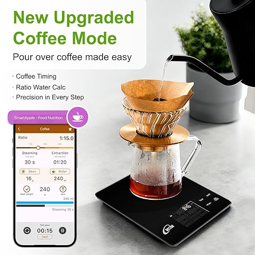 KOK Smart Food Scale with APP - Coffee Timer & 30 Nutritional Calculator Function, Track Calorie, Macro, Carb for Weight Loss Keto and Diabetic, Espresso Scale Weight Grams and Ounces 5 Unit 1g/0.05oz