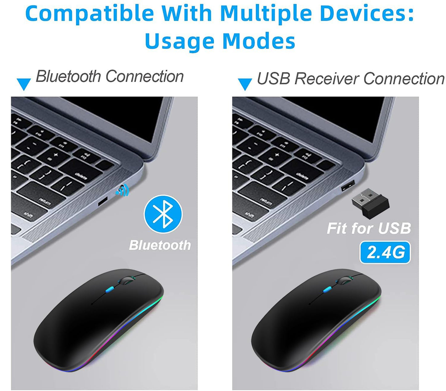 Neises Wireless Mouse for Computer Laptop,Bluetooth Mouse for Apple MacBook,Dual Mode BT 5.0+ 2.4GHz USB Mice