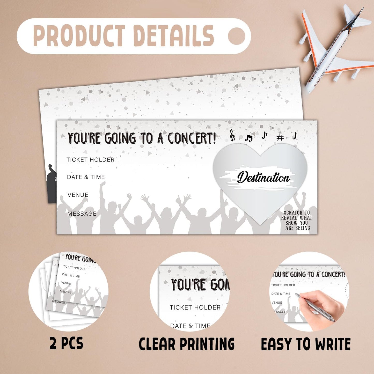 2 Set Concert Ticket, DIY Scratch Off Cards with Envelope for Vacation Birthday Wedding, Surprise Music Festival Reveal Gifts for Couples Family Friends -006B