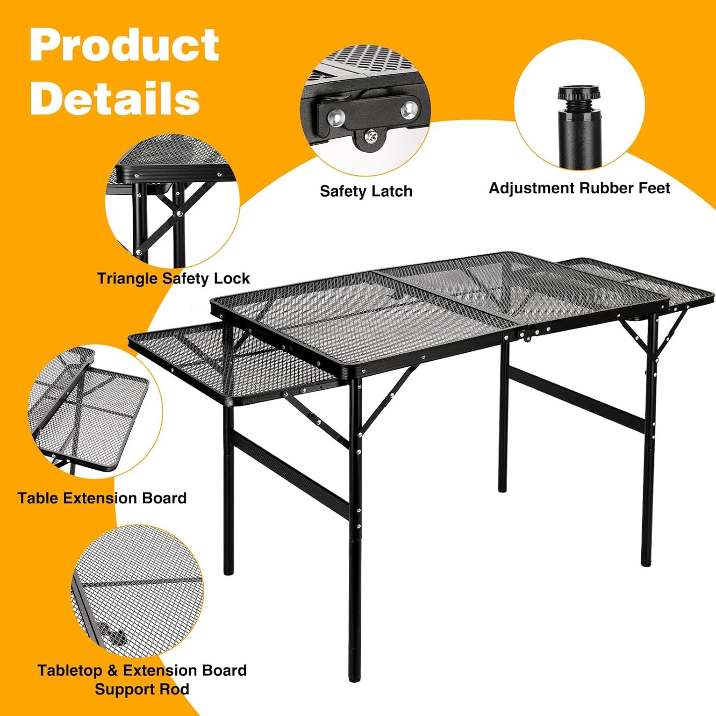 Grill Table 3FT+1.4 FT Folding Table with 2 Wing Panels with Mesh Desktop 2 Height Adjustable Portable Grill for Outdoor Indoor Beach BBQ Picnic Travel RV Black