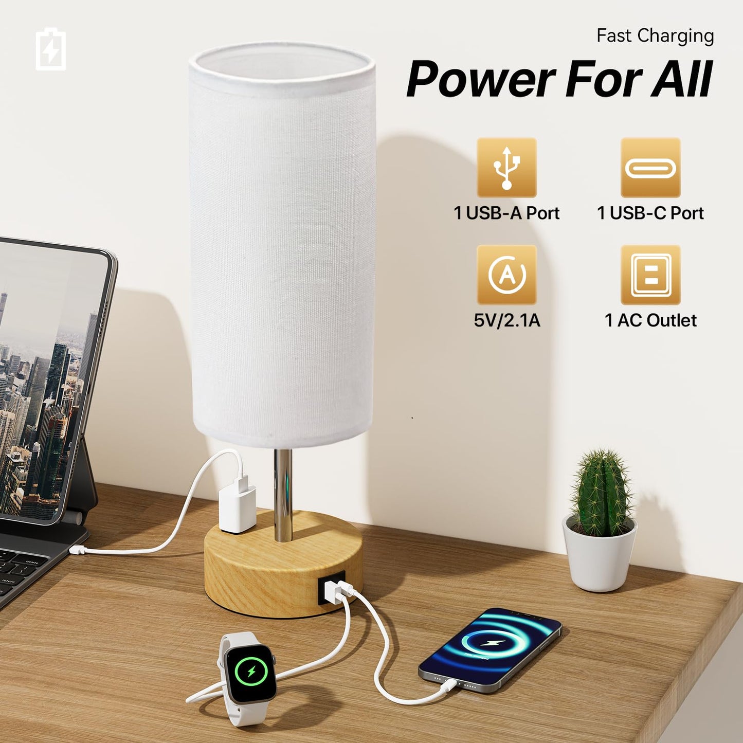 KPQ Touch Control Table Lamp, 3-Way Dimmable, USB A+C Ports, 14in Small Size, White Shade-Wood Base