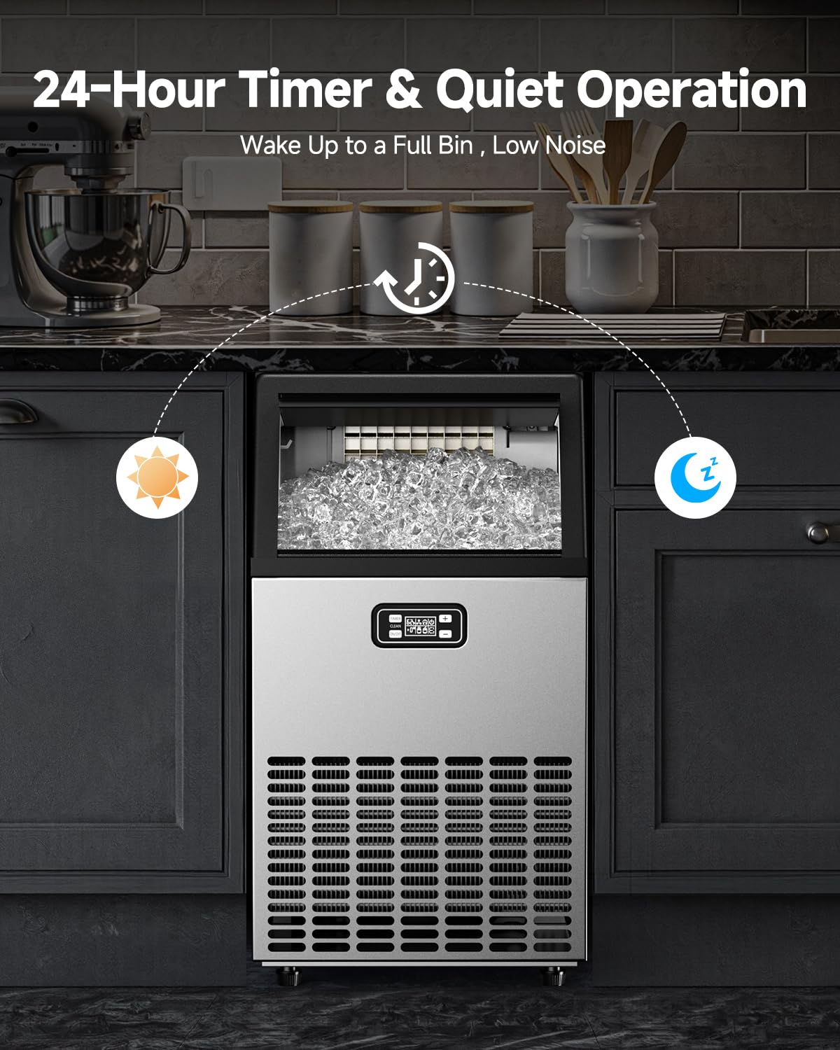 Feelfunn Commercial Ice Maker Machine - 150 LBS/24H, 33lbs Storage Capacity, Stainless Steel Freestanding & Under Counter Ice Maker with Self-Cleaning, 24H Timer, Ideal for Home Bar Office Restaurant