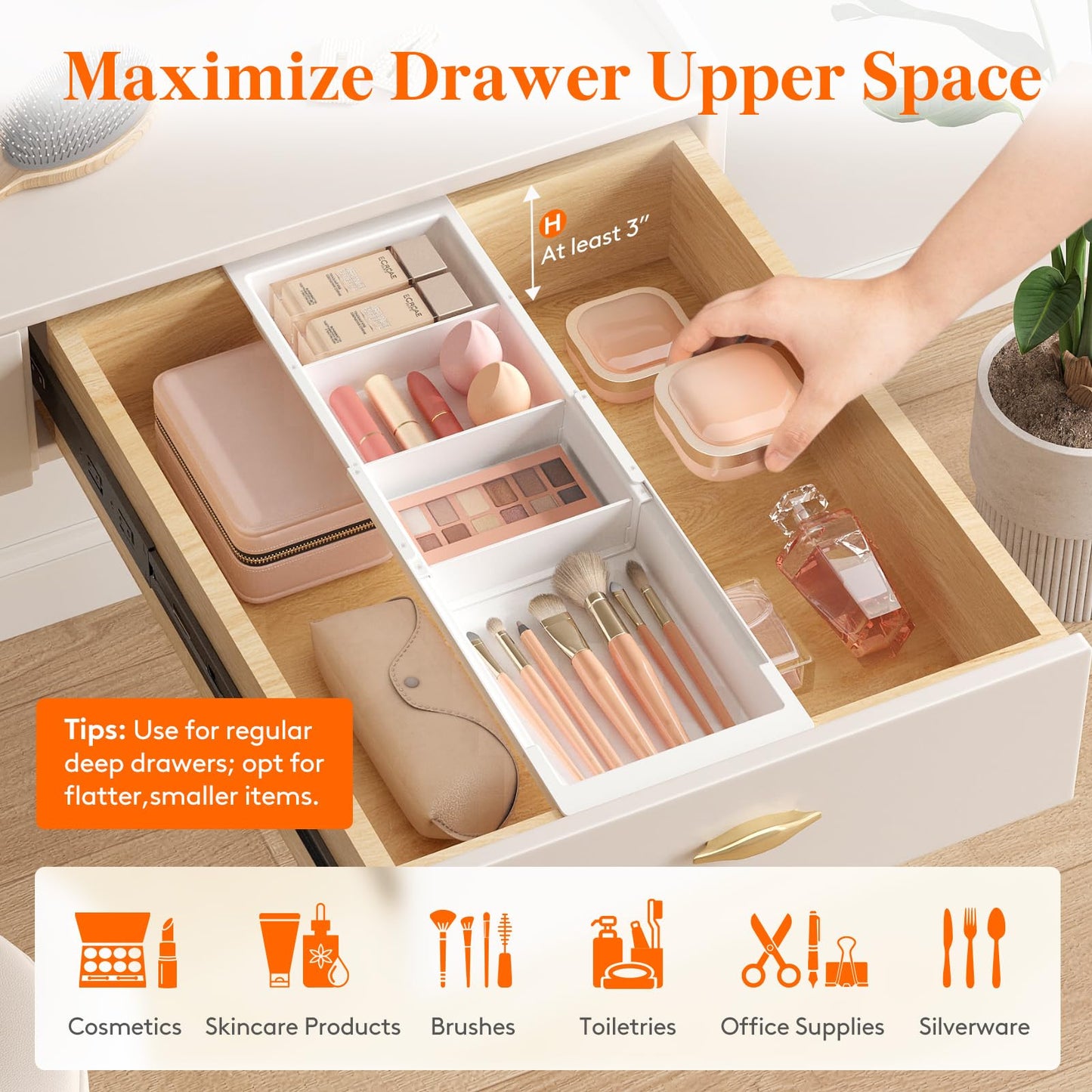 Lifewit 2 Pack Sliding Makeup Drawer Organizer Trays with Inserts, Extendable Hanging Desk Drawer Divider, Fits 13-20 Deep Drawe