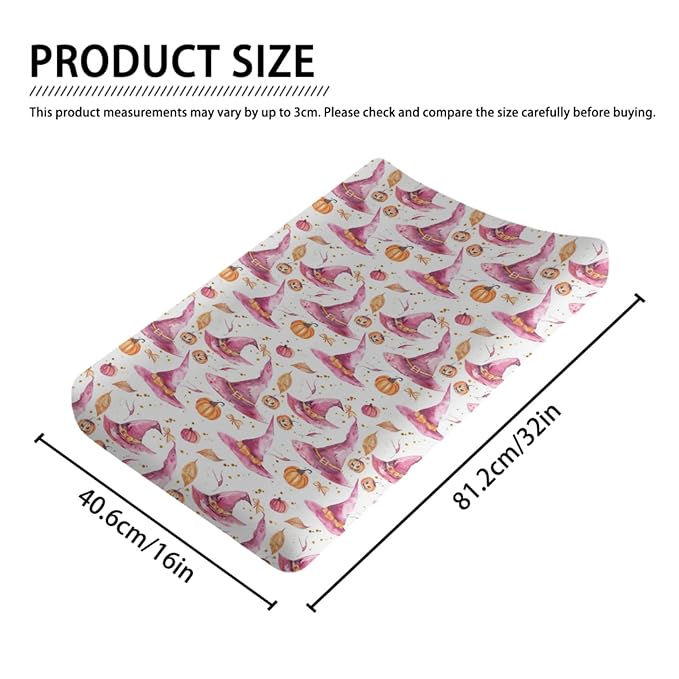 Watercolor Halloween Witch Hats Pumpkin Bows Leaves Pattern Baby Changing Pad Cover, Unisex Fall Winter Holiday Nursery Diaper Changing Table Pad Mat Sheet for Boys Girls-16x32