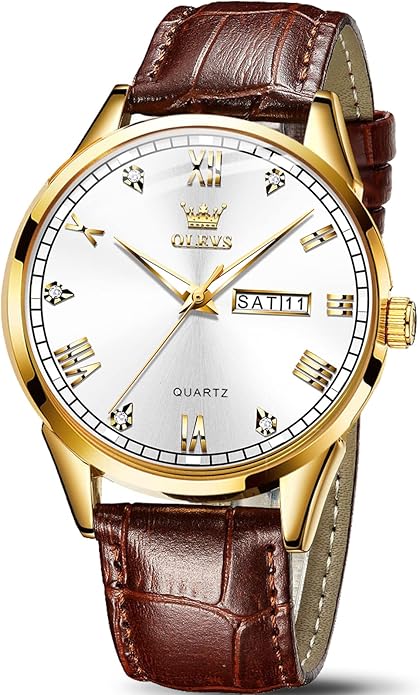 OLEVS Amazon Watches,Brown Leather Watch for Men,Men Day Date Watch,Men's Luminous Watch,Dress Watch for Men,Rose Gold Wat...