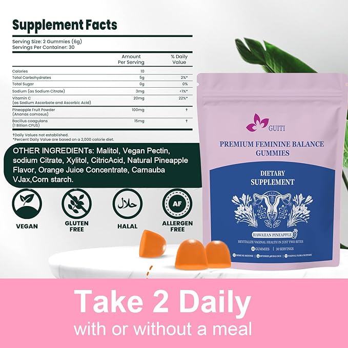 Premium Feminine Balance Gummies for Women, Pineapple Gummies for Women PH, Bacillus Coagulans Hawaiian Pineapple Flavored Gummies, Vaginal Probiotics, Vegan, Gluten-Free, 60 Gummies