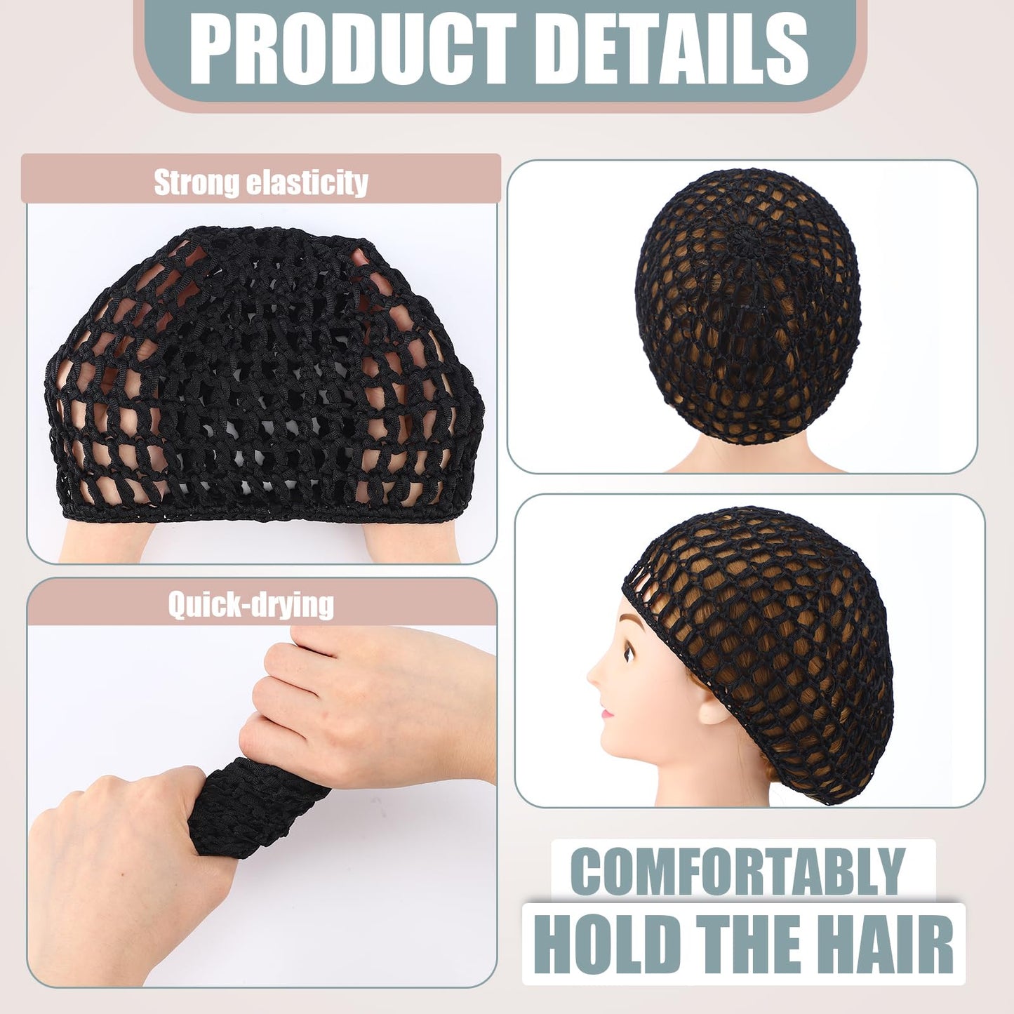 Geyoga 4 Pieces Mesh Crochet Hair Net Rayon Knit Snood Hat Thick Short Women Hairnet Snoods Cover Ornament for Sleeping (Pink,Bl