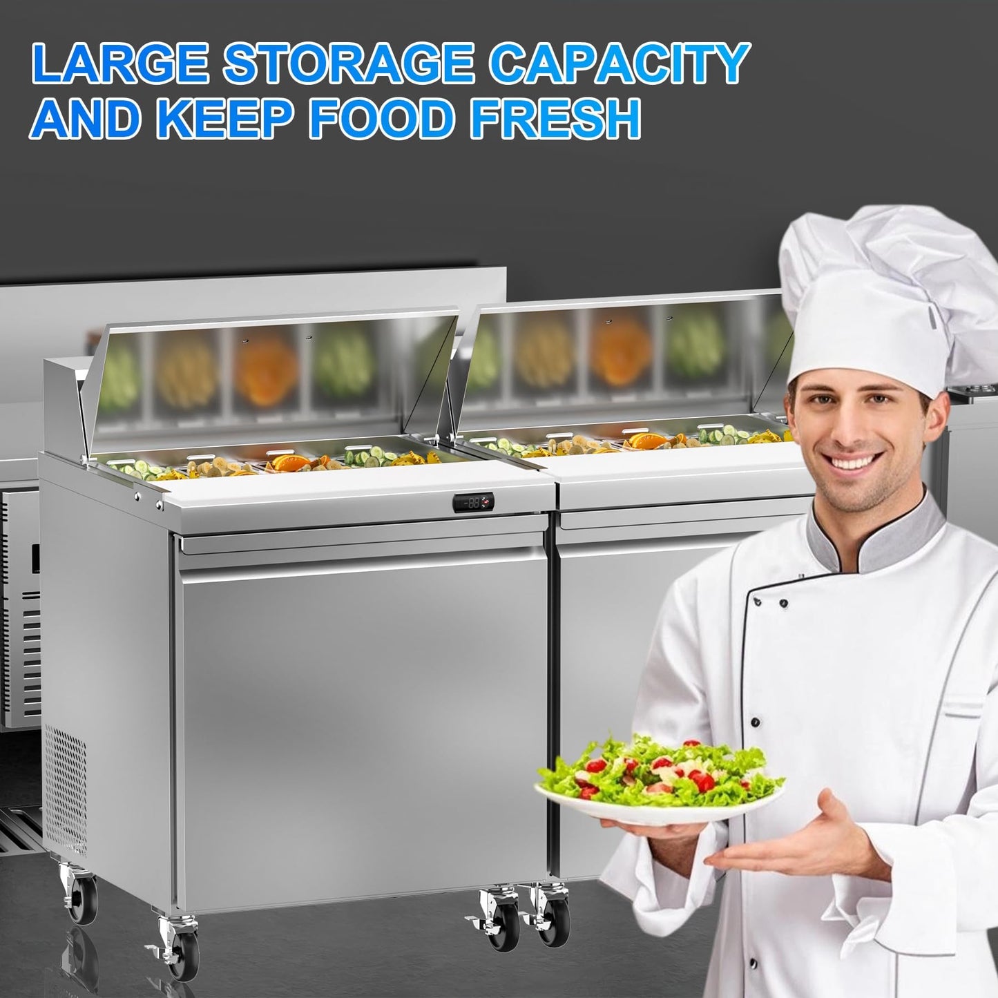 Rockitch 29" W Commercial Sandwich Salad Prep Table Refrigerator, 7.6 Cu.ft Single Door Stainless Steel Commercial Kitchen Refrigerated Equipment with 8 Pans for Restaurant, Bar, Shop, etc.