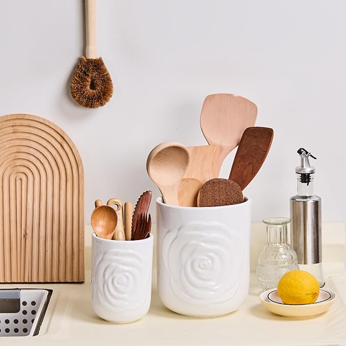 Large Utensil Holder Set of 2, 7.5"+ 5.5" - Ceramic Kitchen Countertop Utensil Crock for Spatulas, Spoons & Cooking Tools, Farmhouse Kitchen Counter Decor, White Rose