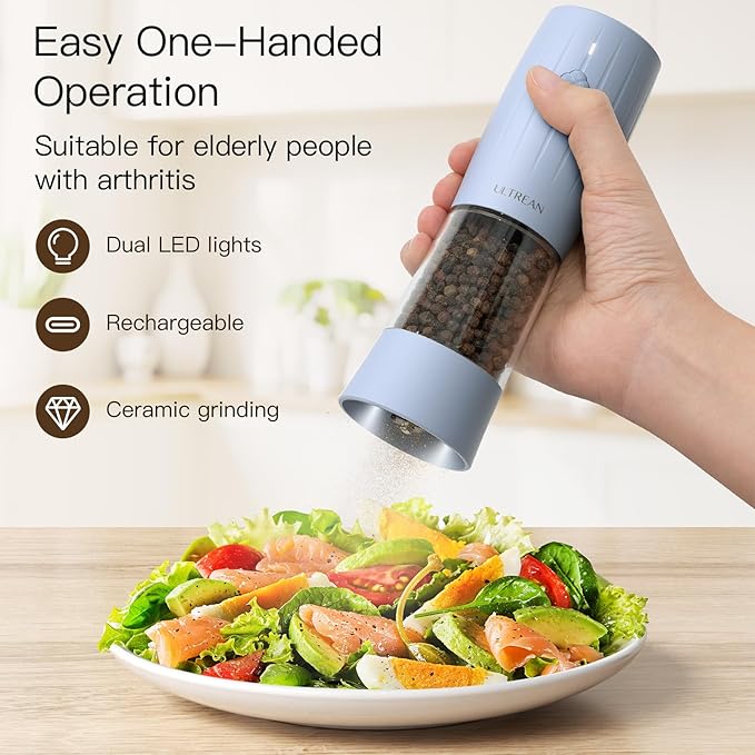 Ultrean Pepper Grinder, Rechargeable Salt and Pepper Shakers, Automatic Grinder for Kitchen,6 Adjustable Coarseness, LED Light, Christmas Gifts, Sky Blue