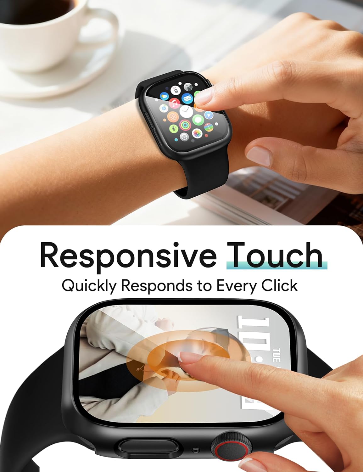 JR.DM 40mm 2 Pack Hard PC Case with HD Tempered Glass Screen Protector for Apple Watch Series 6/5/4/SE/SE2/SE3, Guard Bumper Full Coverage Protective Anti-Scratch Face Cover for iWatch, Black+ Black