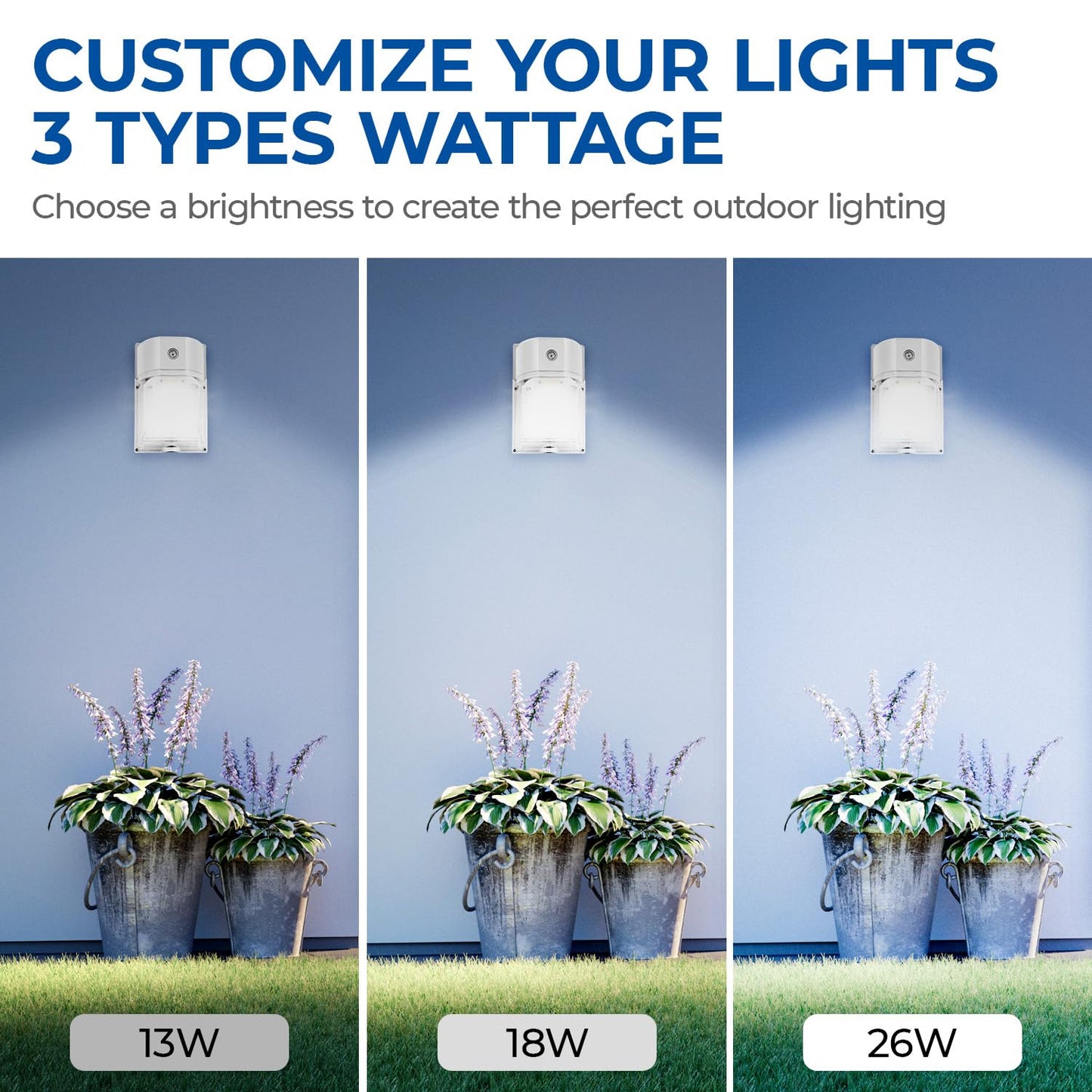 CINOTON LED Wall Pack Light 26W with Dusk to Dawn Sensor, 3CCT, IP65 Waterproof, 2 Pack, White, Model ML-WPA-26W