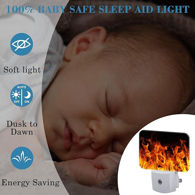Burning Flame Plug in Night Lights, Fire Flames Nightlight Plug Into Wall Dusk to Dawn Sensor for Kid Girls Boys Women Men Bedroom, Hallway, Kitchen, Bathroom, Stairs Decor
