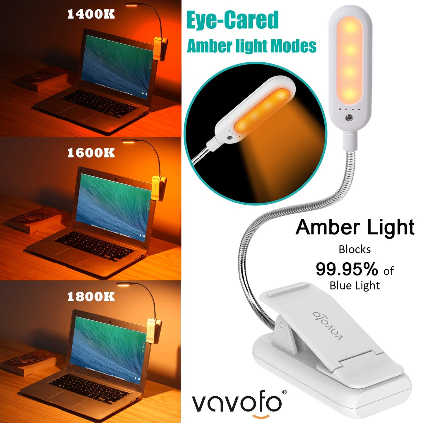 VAVOFO Clip On Reading Light, 7 LEDs, 3 Color Temperatures, 9 Brightness Levels, 1-Pack, White, Model KM-6720A