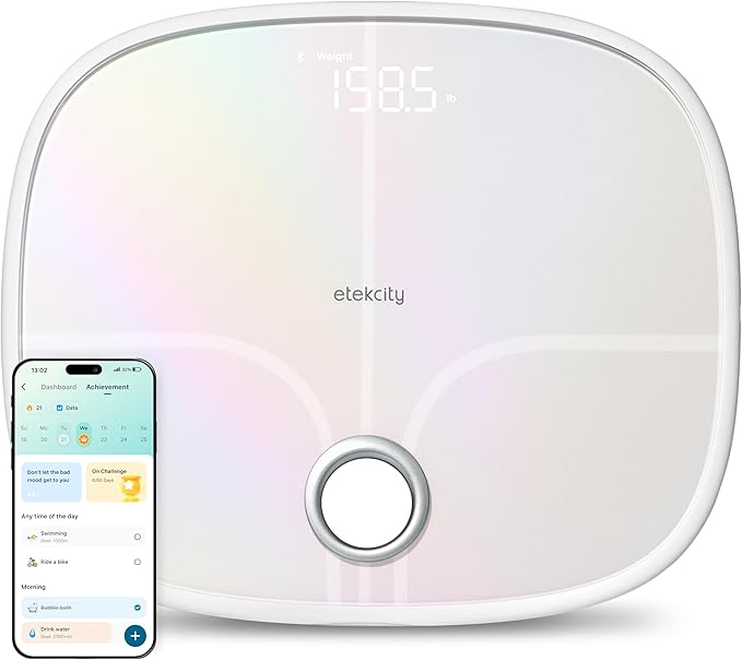 Etekcity Smart Rechargeable Scale for Body Weight, BMI, Fat, Muscle Mass, Digital Bathroom Scale with 13 Metrics, Secret M...