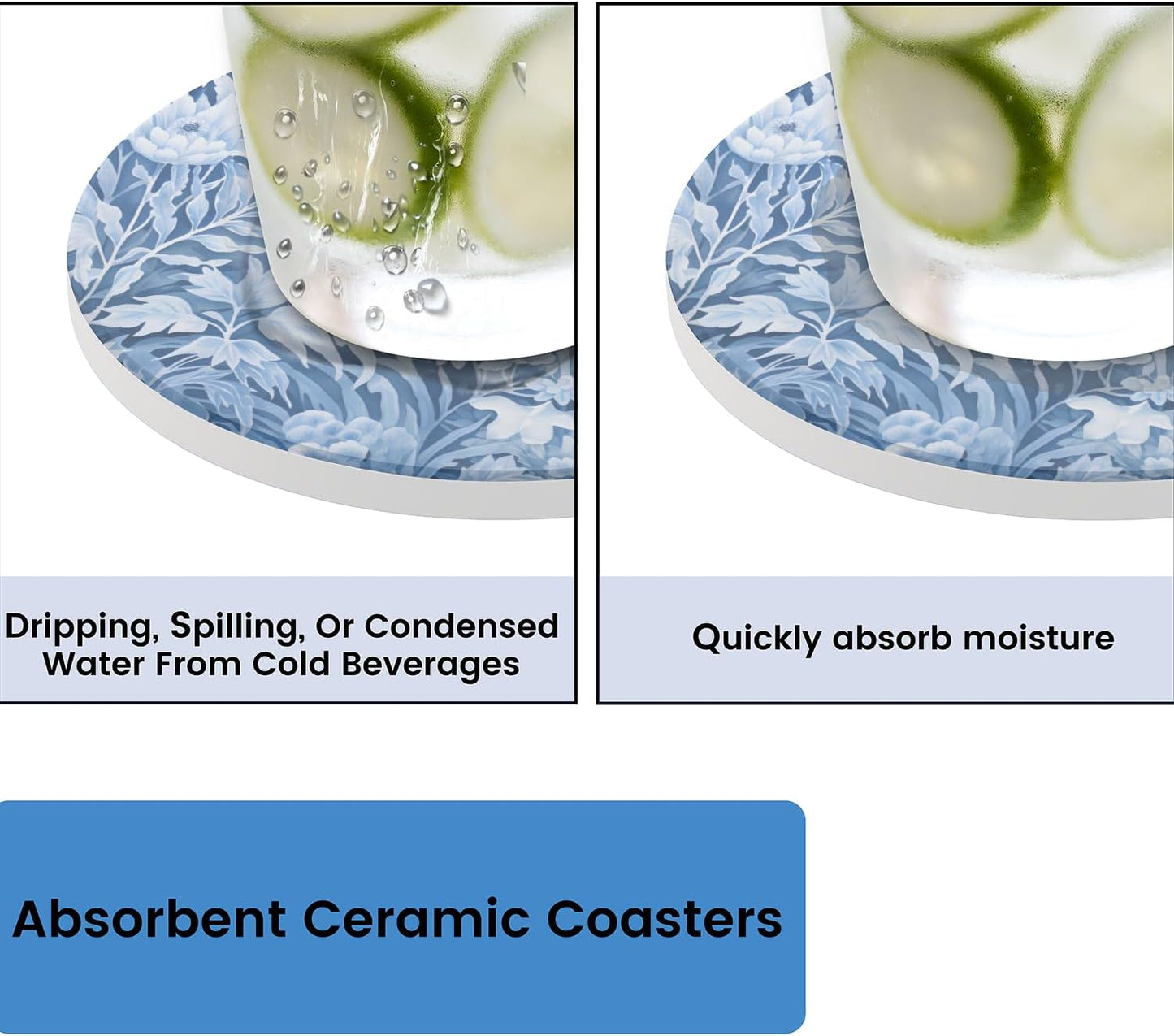 Ceramic Coasters for Drinks with Cork Back,Cyan White Floral 4 Inch Absorbent Coaster Set 4 Pack, Quick Dry Non-Slip Coaster Mats for Home, Office, Bar