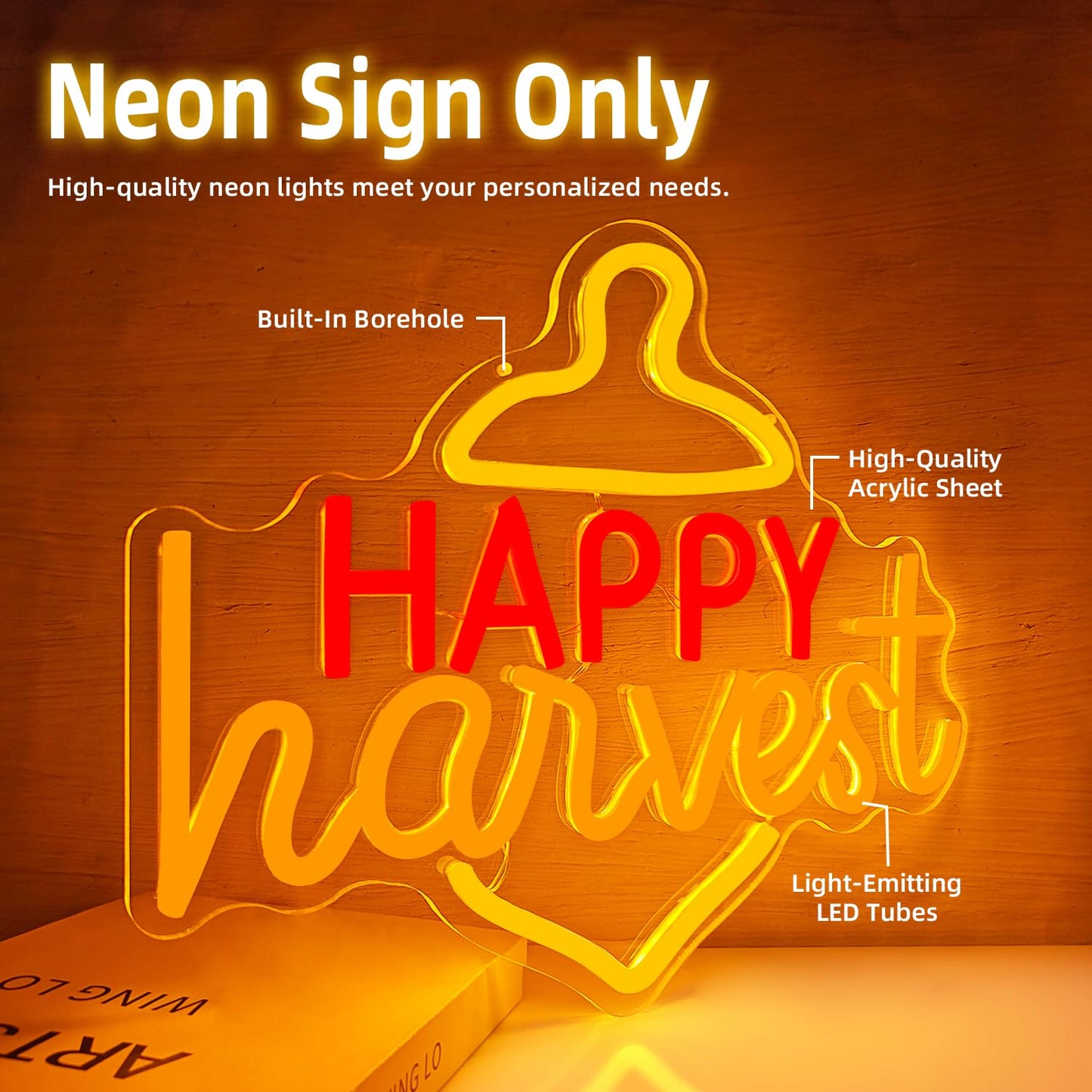Jeanchrl Happy Harvest Neon Sign For Home Wall Dimmable Fall Light Sign For Home Decor Thanksgiving Decor Neon Wall Art For Bedroom Living Room Yellow Pinecone Led Sign For Party Gift