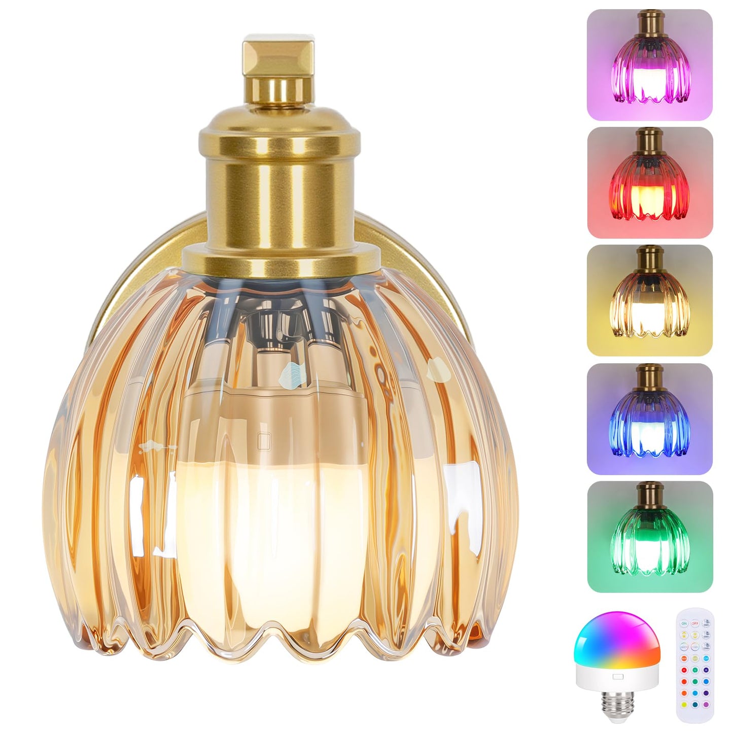 VerRon Wall Sconce, Rechargeable Battery Operated, Amber Glass, Wireless with Remote Control, 1-Pack, Gold, Model B05092P