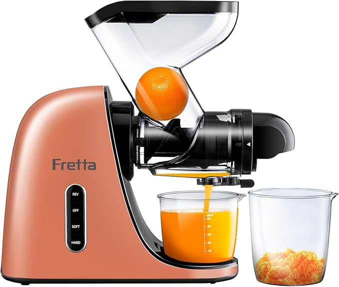 Fretta Cold Press Juicer,Juicer Machines Vegetable and Fruit with 3'' Feeding Chute, Masticating Slow Juicer, Juice Extractor, Easy to Clean,2 Speed, BPA-Free, 200W (Orange)