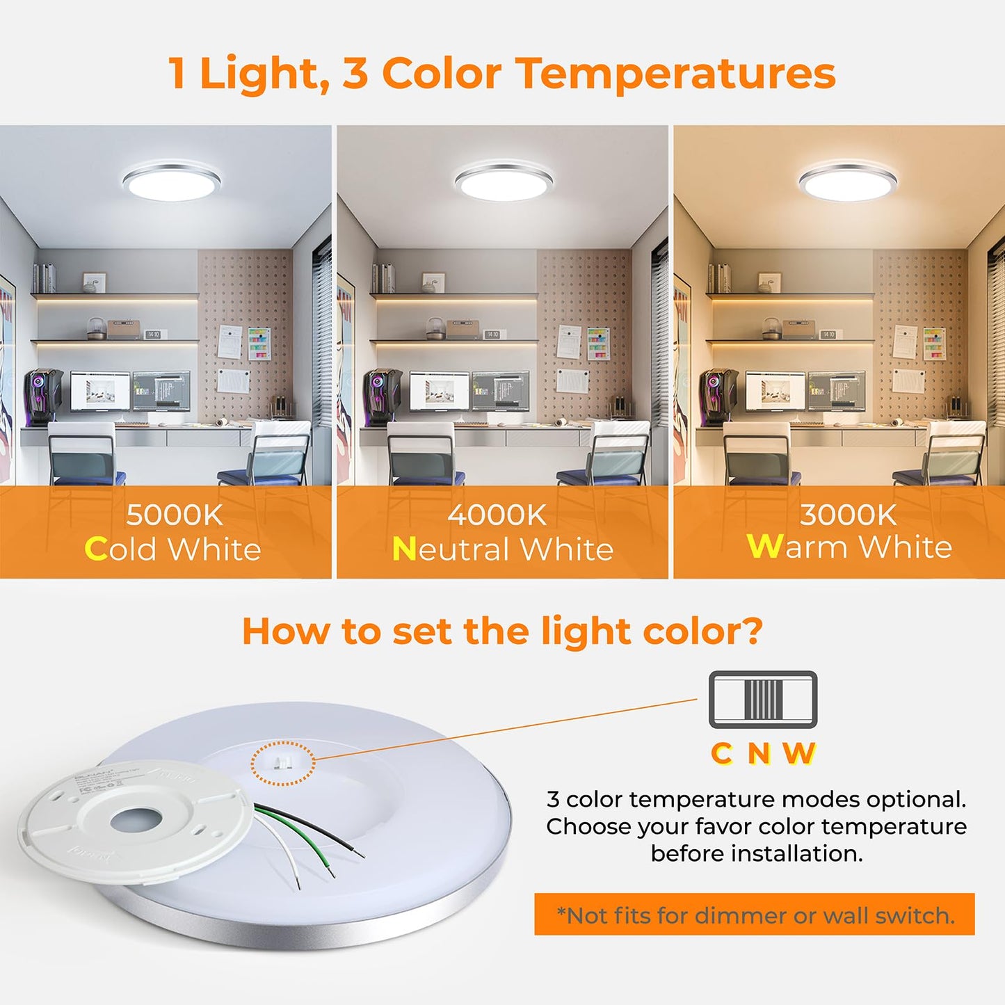 BLNAN LED Flush Mount Ceiling Light, 12 Inch 24W, Selectable 3000K/4000K/5000K, Silver, Model LS-CL-G24W-D