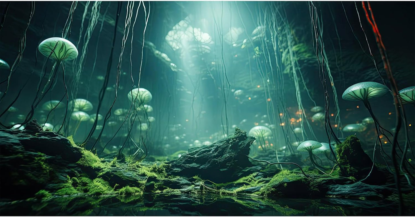 Aquarium Background Foggy Stone Mushroom Green Moss Fish Tank Background Mysterious Green Seaweed Scenery Aquarium Backgrounds White Mushroom Reptile Tank Enclosure Backgrounds Wallpaper 72x16in