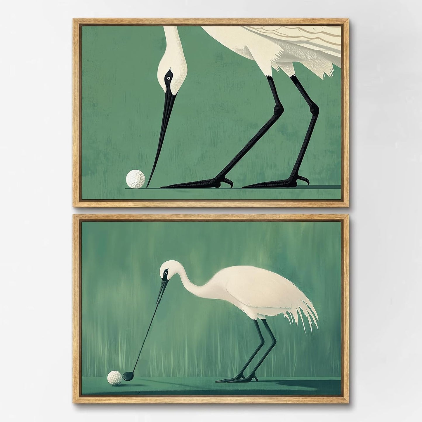 SIGNWIN Framed Canvas Print Wall Art Set Funny Crane Playing Golf Whimsical Bird Illustrations Modern Art Rustic Minimal for Living Room, Bedroom, Office - 16"x24"x2 Natural