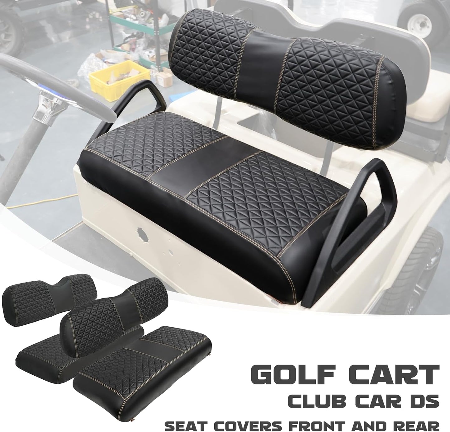 XUANYUDG0769 Golf Cart Front and Rear Seat Covers for EZGO TXT/RXV Club Car DS/Precedent Yamaha G29, Vinyl Leather Made/Adjustable Straps and Retractable Buckle/No Stapler Required,4PCS