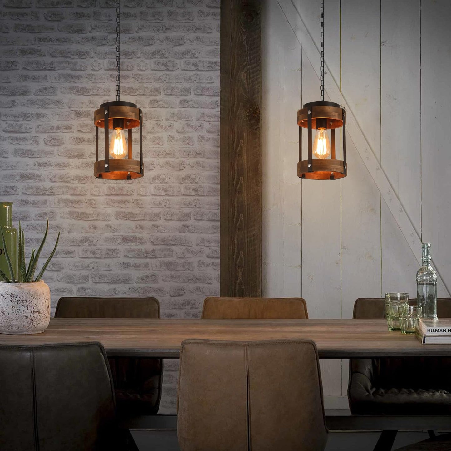 Rustic Farmhouse Wood Pendant Light Fixture One-Light Adjustable Chain Oak Wood And Metal Lantern Drum Small Pendant Lighting For Kitchen Island Sink Hallway Farmhouse Bathroom Bar  Black