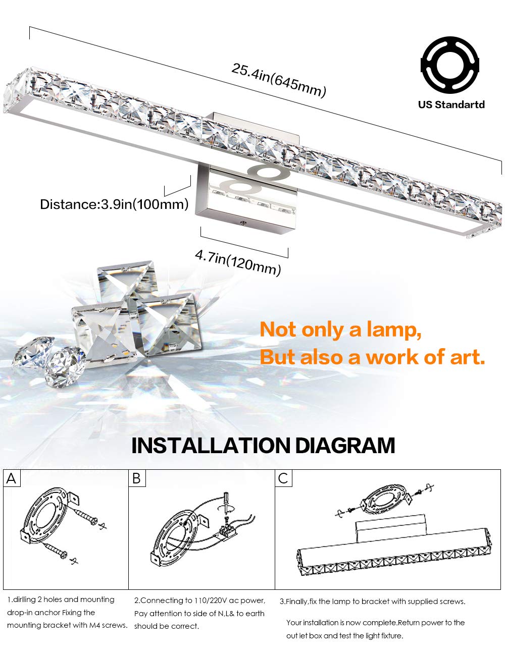 Solfart Led Vanity Lights Over Mirror25.4 Inch 24W Dimmable Crystal Vanity Lights For Bathroom Light Fixtures