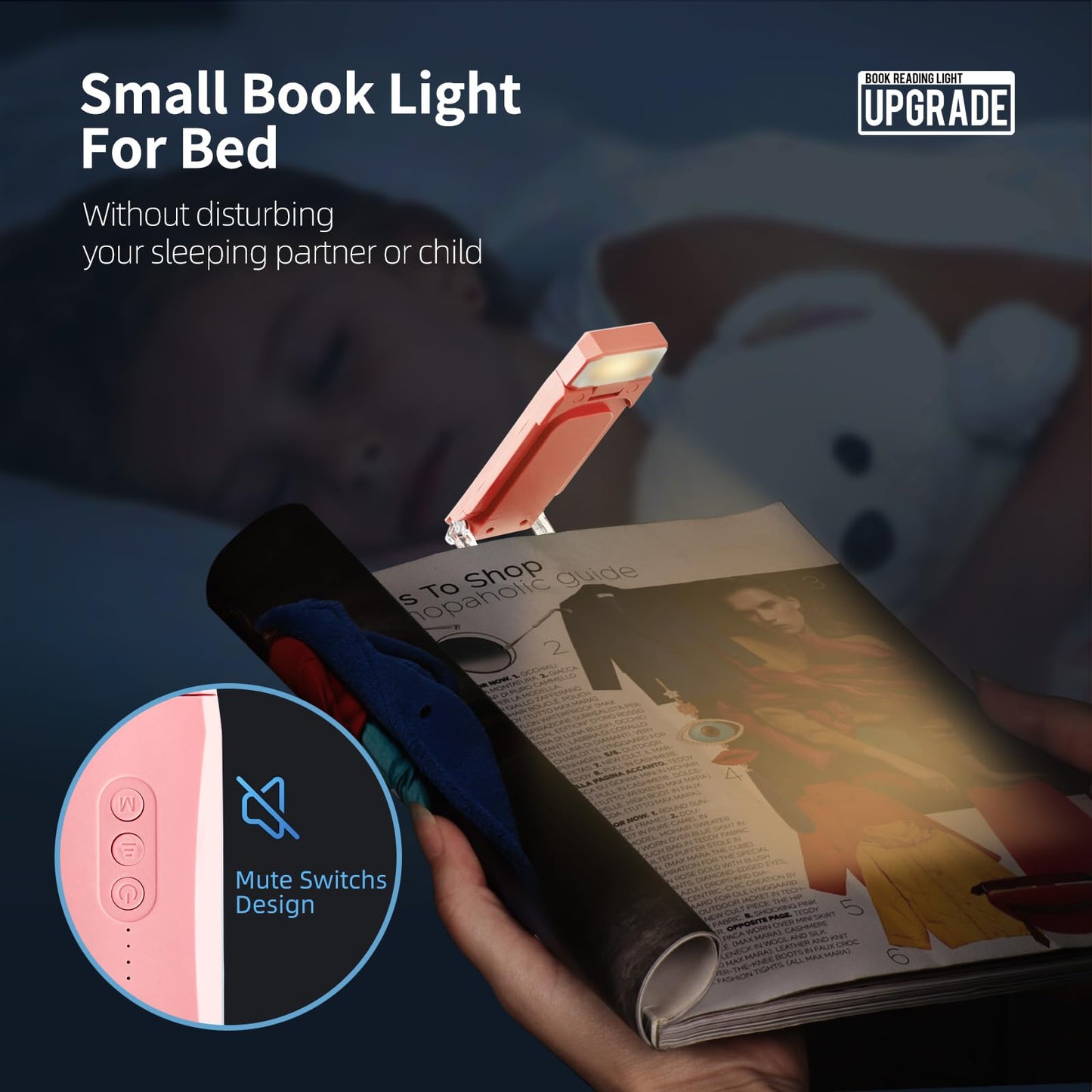 Egwaser Usb Rechargeable Book Light, Clip-On Led, 3 Amber Colors, 3 Brightness Levels, Eye-Caring, 500Mah Pink, Model Eg-Bl-24