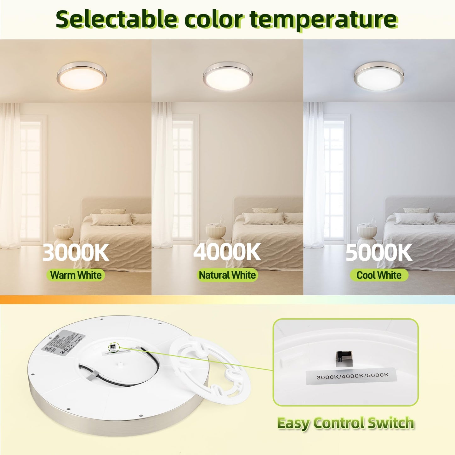 hykolity 9 Inch LED Round Flat Panel Light, 18W 1800LM, Selectable CCT 3000K/4000K/5000K, Brush Nickel,