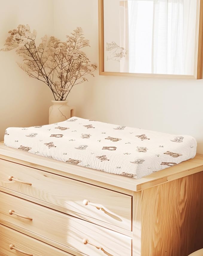 Changing Pad Cover for Baby Boy Girl 2 Pack, Muslin Changing Table Pad Covers with Boho Style, Neutral Nursery Bedding Essentials Soft and Breathable (Teddy & Friends)